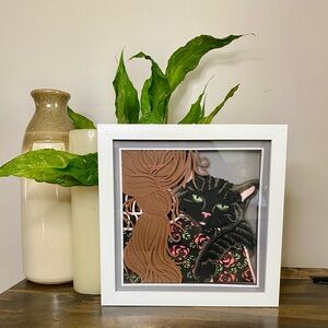 3D Brunette Girl W Black & Gray Cat on Shoulder Shadowbox